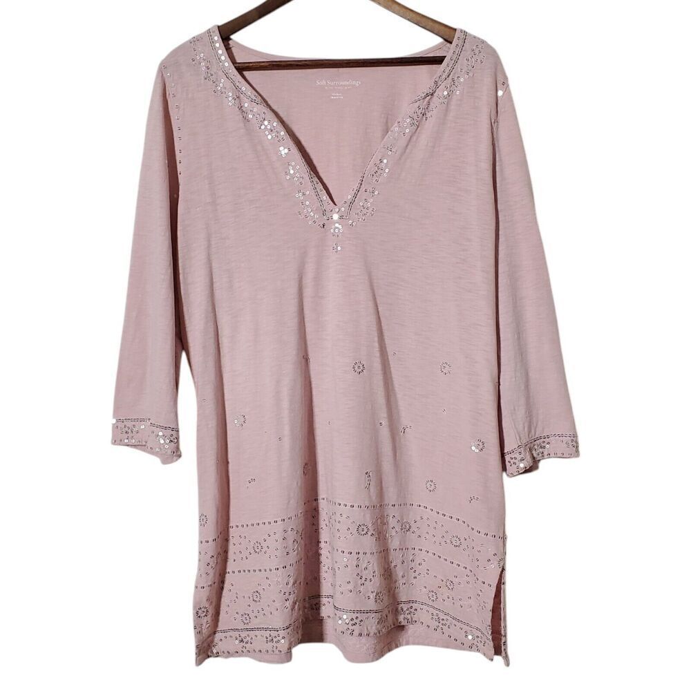Soft Surroundings Kerala Tunic Blouse Size M Sequins Pink Cotton Boho Womens